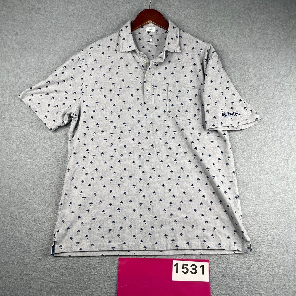 Johnny-O Hangin Out Polo Shirt Gray Navy Palm Tree Print CME Logo Casual Mens L